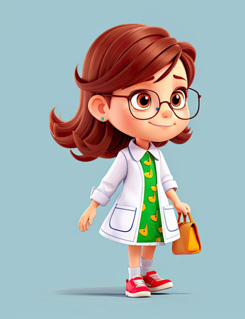 Cute little girl in glasses and a medical gown holding a bagの素材