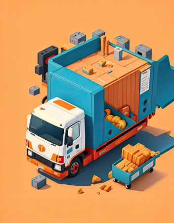 Isometric cargo truck with boxes on orange background. Vector illustration.の素材