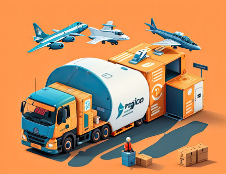 Cargo transportation isometric composition with truck, cargo container and airplane vector illustrationの素材