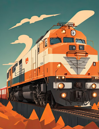 Locomotive on the background of the mountains. Vector illustration.の素材