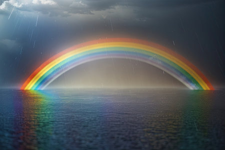 Rainy sky with rainbow, 3d rendering. Computer digital drawing.の素材