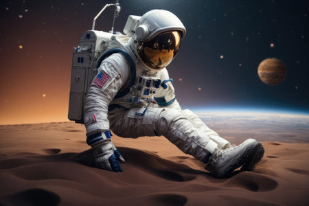 Astronaut in the desert against the background of the planet.の素材