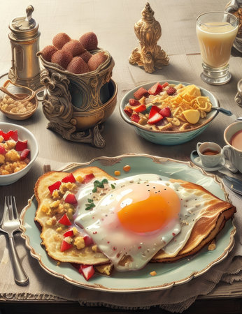 Breakfast with fried egg, cornflakes, fruits and milkの素材