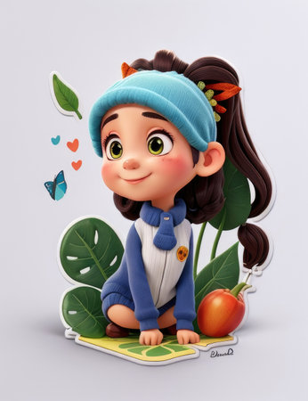 3d Render of Cute Little Girl with Apple and Green Leavesの素材
