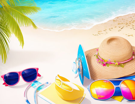 Beach accessories. Sunglasses, hat, flip flops, surfboard, sunglasses on sandy beach. 3d renderの素材