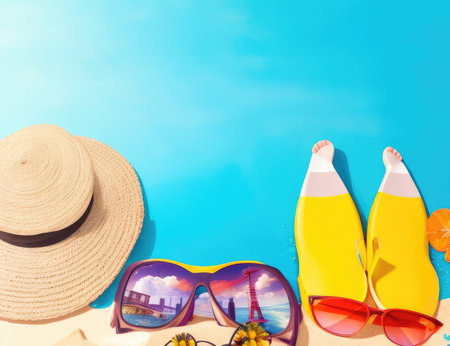 Beach accessories. Sunglasses, hat, flip flops on the beachの素材