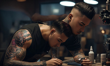 Professional tattoo artist working with client in tattoo studio. Tattoo salon.の素材