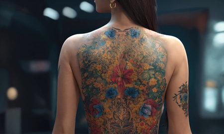 Tattoo art on the back of a woman, close upの素材