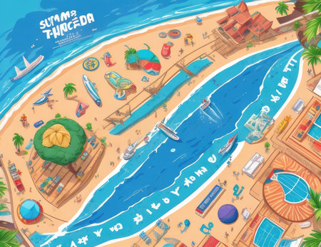 Isometric summer beach background with palm trees, sand, sunbeds, umbrellas, palm trees, boats, swimming pool and sea waves. Vector illustrationの素材