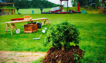 Planting a tree in the garden. The concept of gardening.の素材