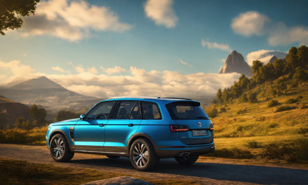 3D rendering of a blue suv car in the countryside.の素材