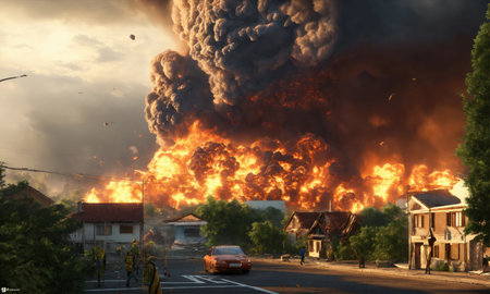 Burning houses in the city during a fire in the evening.の素材