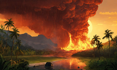 Volcanic eruption in the jungle - illustration for the children.の素材
