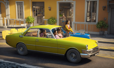 Vintage american family in a convertible car on a sunny dayの素材