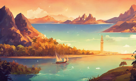 Beautiful summer landscape with mountains, lake and lighthouse. Digital painting.の素材
