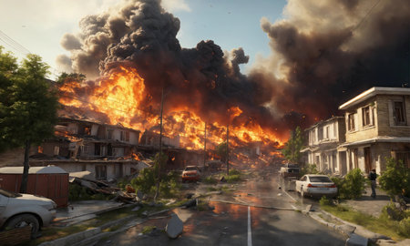 Burning house in the middle of the city. Fire in the cityの素材