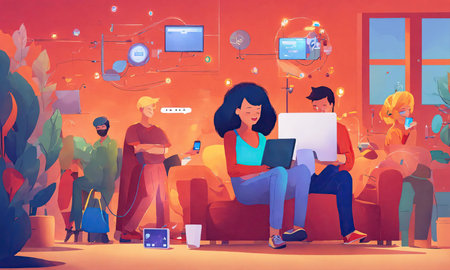 Group of people using laptops and gadgets in the living room, vector illustrationの素材