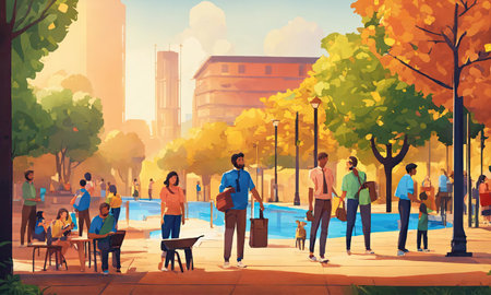 People walking in the park at sunny day. Urban scene. Vector illustrationの素材