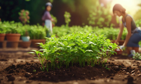 Planting pepper seedlings in the garden. Gardening concept.の素材