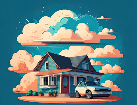 Cottage in the clouds. Vector illustration of a house with a car.の素材