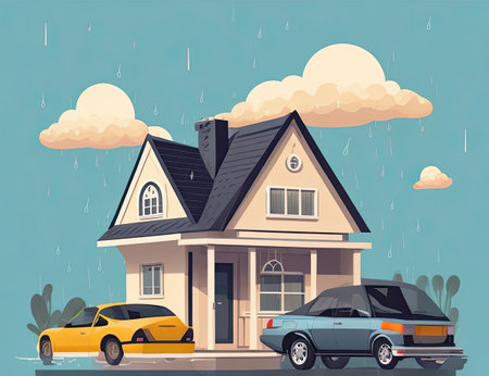 Vector illustration of a house with a car in the rain on the streetの素材
