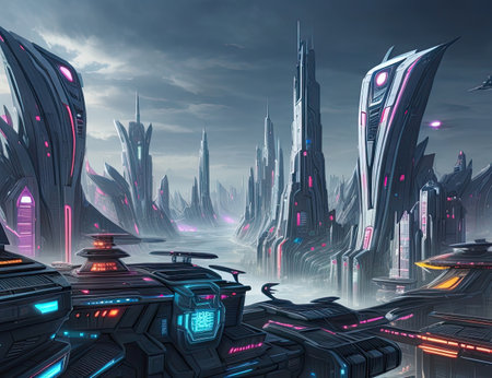 Futuristic alien city in the futuristic space. 3d renderingの素材