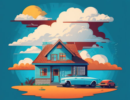 Retro car in front of a house. Vector cartoon illustration.の素材