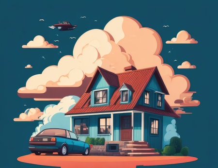 Vector illustration of a private house in the clouds. Cartoon style.の素材