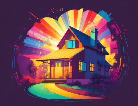 House on the background of the colorful rays of the sun. Vector illustrationの素材