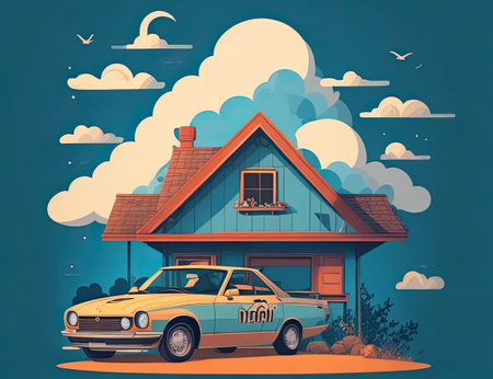 Vector illustration of a retro car on the background of a wooden houseの素材