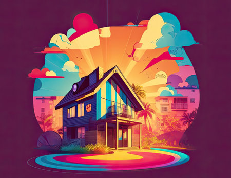 Vector illustration of a modern house on a background of the sunset.の素材