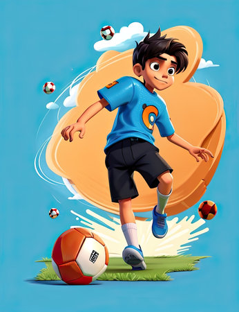 Cartoon soccer player kicking the ball on the field. Vector illustrationの素材