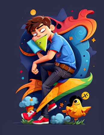 Vector illustration of a boy with a book on a colorful background.の素材