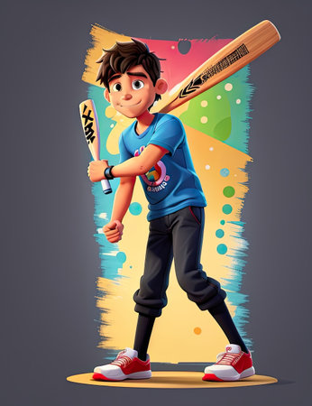Cute boy with baseball bat on colorful background. Vector illustration.の素材