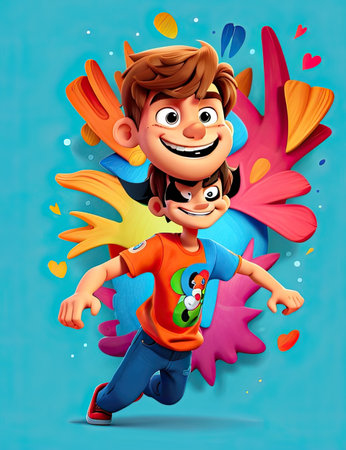 Vector illustration of Cartoon boy with skateboard on the colorful background.の素材