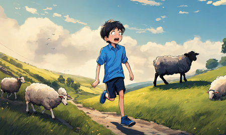 Cartoon boy running on a meadow with flock of sheep.の素材
