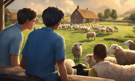 Father and son looking at a herd of sheep in a meadowの素材