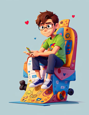 Cute cartoon boy sitting on skateboard and playing game on smartphoneの素材