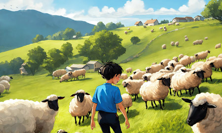 A boy in a blue T-shirt and jeans walks along a green meadow among the flock of sheepの素材