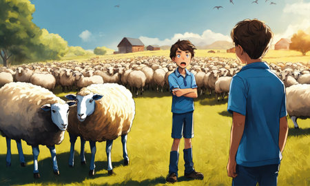 A boy and a girl are standing in front of a herd of sheep.の素材