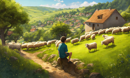 Digital painting of a man looking at a flock of sheep on a hillsideの素材