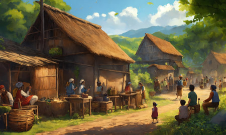 Digital painting of a village in the north of Thailand. This is a 3d render.の素材