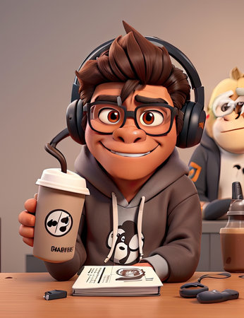 3D Illustration of a Teenage Boy Wearing Headphones and Drinking Coffeeの素材