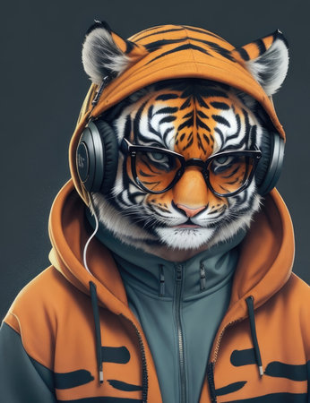 Portrait of a tiger wearing a hoodie and listening to music.の素材