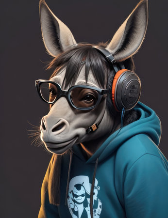 A portrait of a funny donkey wearing a hoodie and headphones.の素材