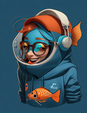 Cartoon illustration of a little girl in a space suit with a fishの素材