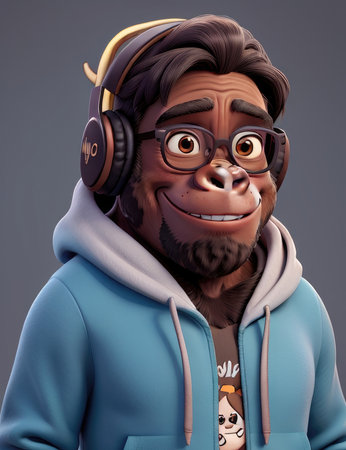 3D illustration of a cartoon man with headphones listening to music.の素材