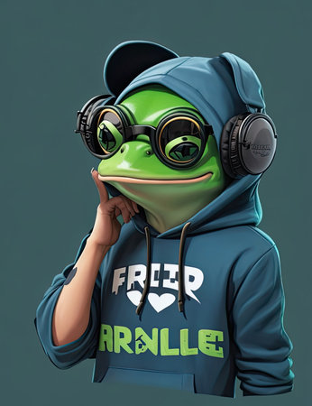 Frog with headphones listening to music. 3d render illustration.の素材