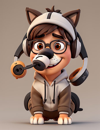 3D Render of Little Puppy with headphone and earbudsの素材