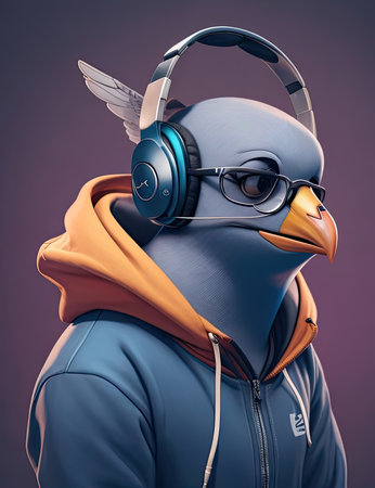 Portrait of a bird with headphones and glasses. 3d renderingの素材